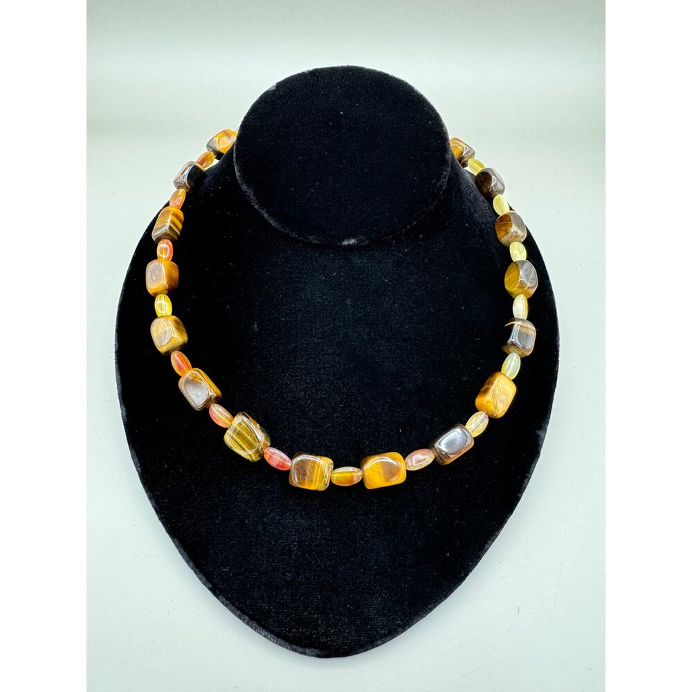 Vintage Tiger's Eye and Citrine Crystal Stone Necklace 28"